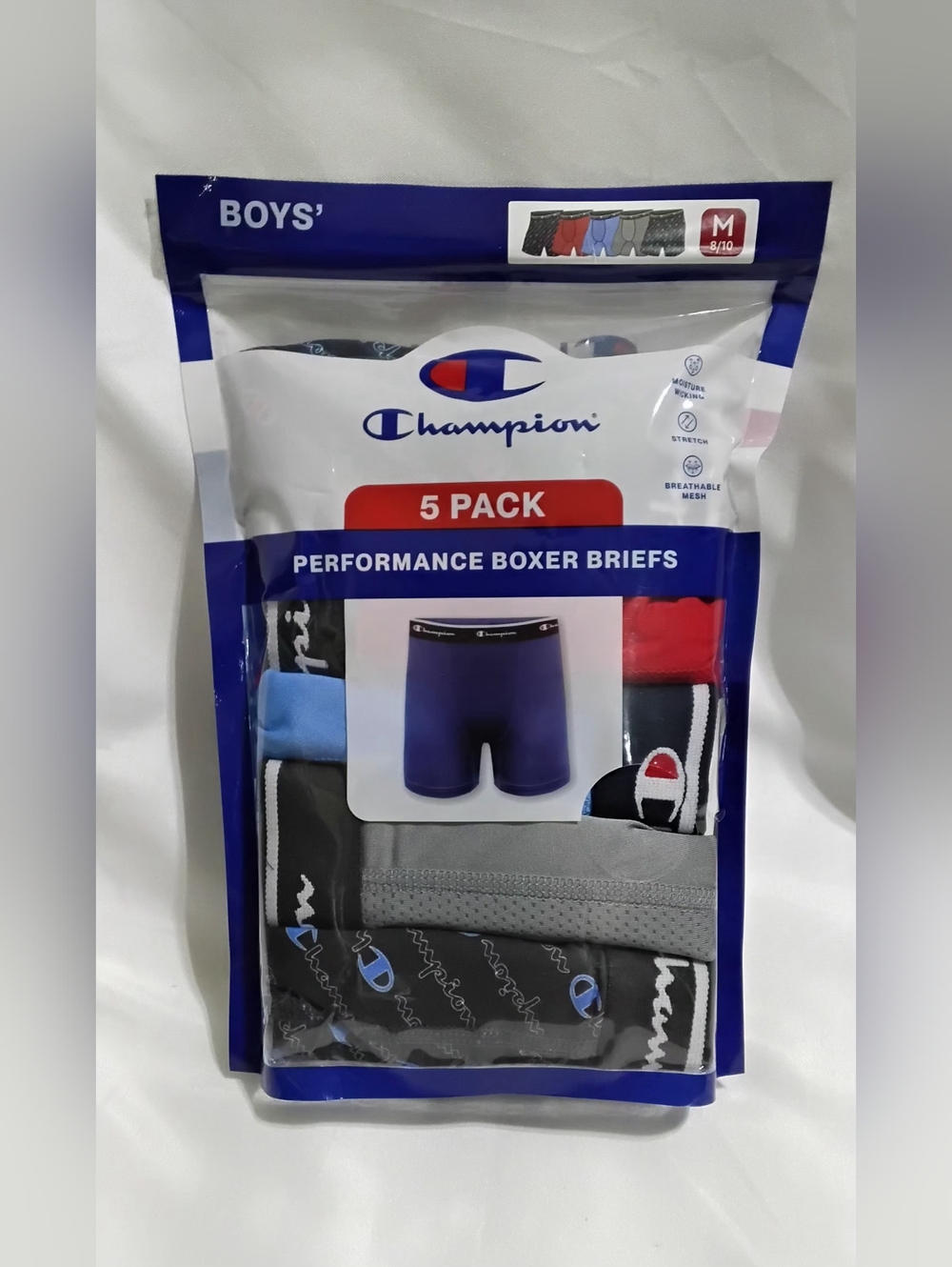 Champion Boys' 5-Pack Performance Boxer Briefs - Blue, Red, Gray, Black Size M
